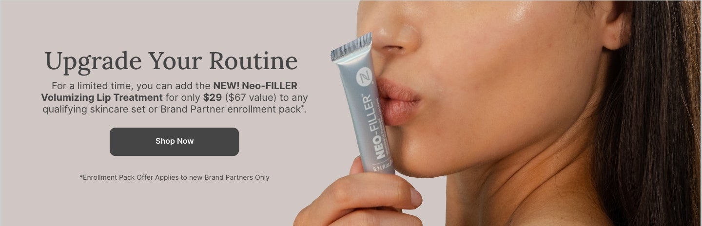 50% OFF Neo-FILLER Volumizing Lip Treatment with any Neo-FILLER or Neo-FILLER Set purchase. Featured is a woman kissing a tube of Neo-FILLER Volumizing Lip Treatment.
